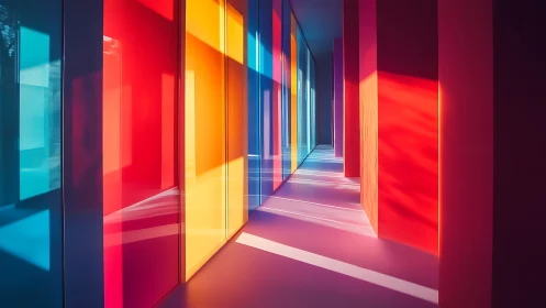 Sunlit geometric hallway glows with bold translucent color