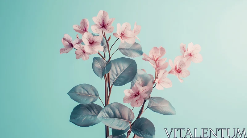 Pale pink floral stems against uniform cyan backdrop.
