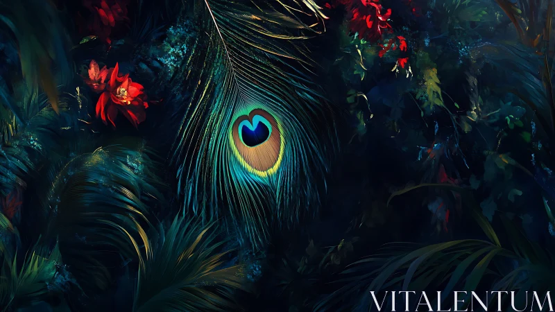 Digital painting of peacock plume in nocturnal tropical foliage.