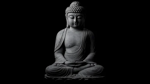 Serene Buddha statue rests in meditative darkness.