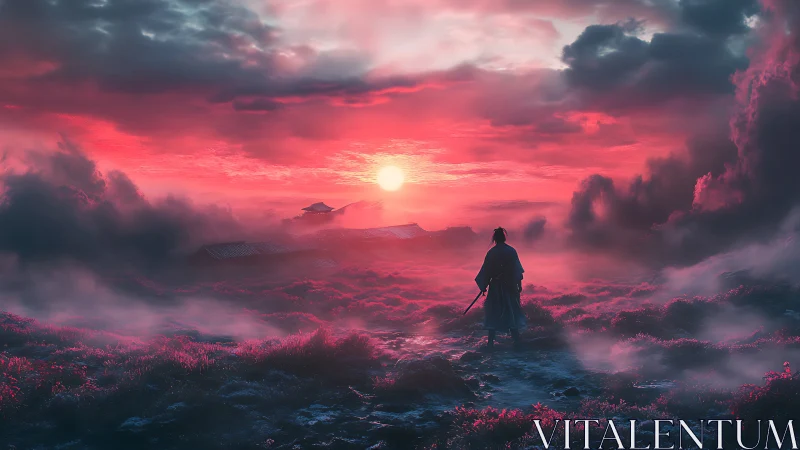 Samurai silhouette in neon red mist at surreal sunrise.