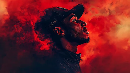 Portrait of a man in red smoke embodies resolve and warmth