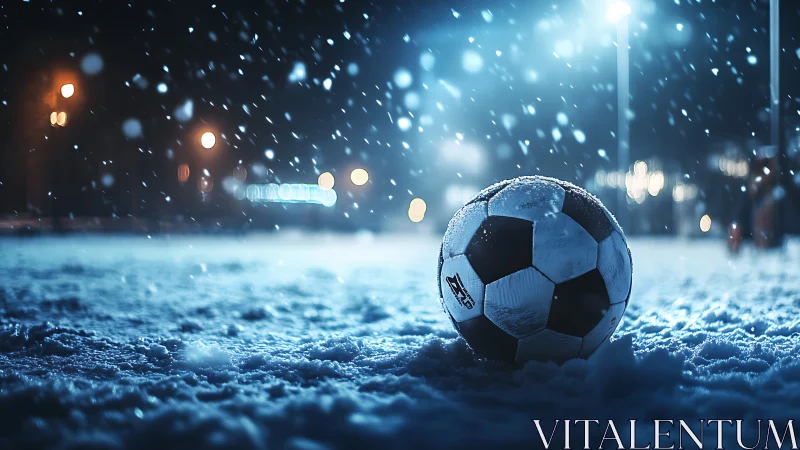 Soccer ball rests on illuminated snowy field during snowfall