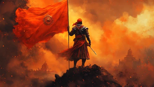 Warrior stands on burning hilltop holding large red flag