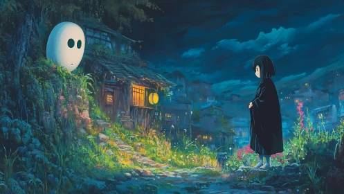 Nocturnal village path with cloaked child and spirit watcher.