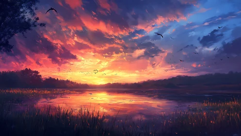Chromatic sunset wetland with avian silhouettes and specular water surface.