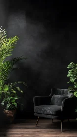 Photorealistic dark lounge with botanical accent seating arrangement.
