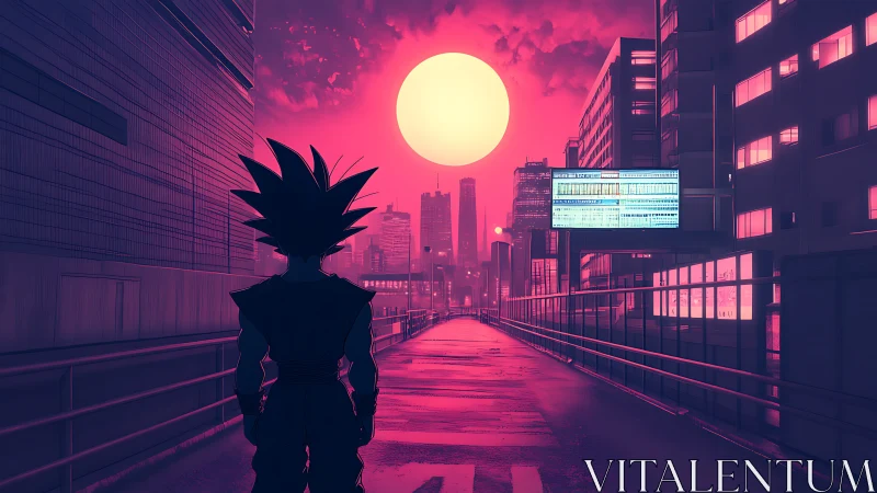 Cyberpunk anime silhouette on elevated city walkway at sunset.