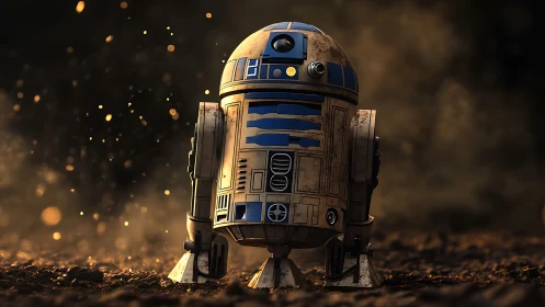 Weathered astromech droid on dust-lit terrain at golden hour.