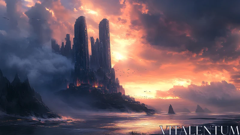 Storm-kissed fantasy towers glow softly in a fiery sunset sky
