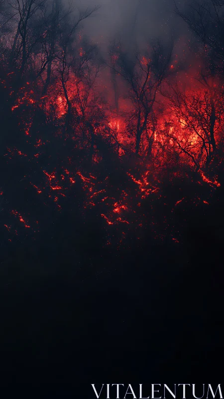 Wildfire engulfing forest landscape with intense red luminescence