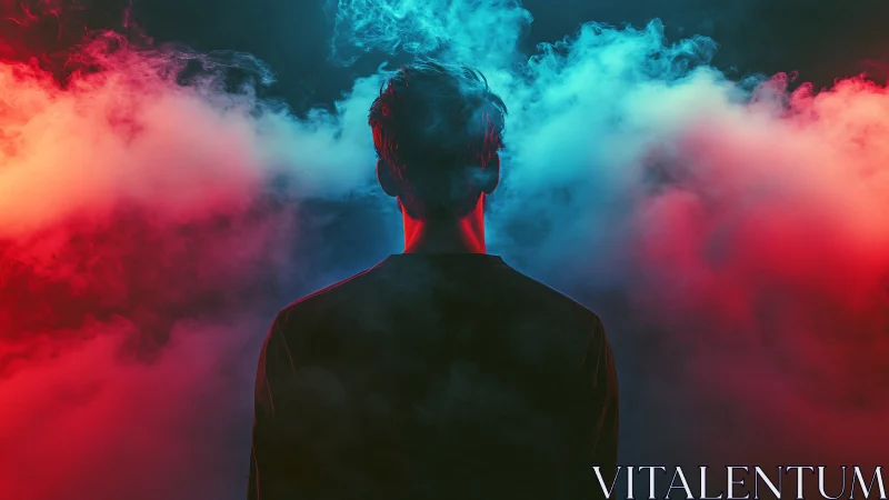 Person stands between red and blue fog under dramatic lighting