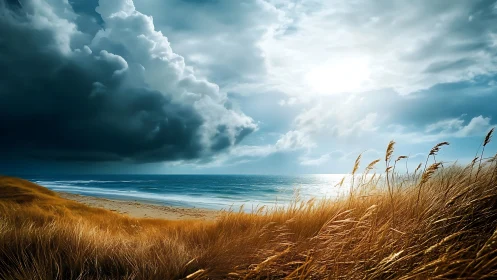 Storm clouds contrast with sunlit sea and coastal grass