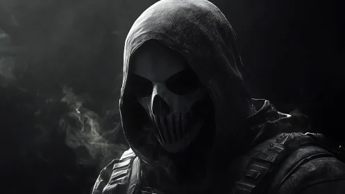 Grim hooded specter studies the dark in drifting combat smoke