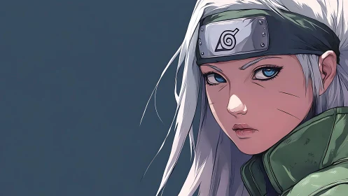 Side portrait shows silver haired ninja character in profile