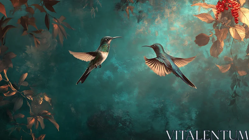 Iridescent hummingbirds in midair courtship against teal bokeh