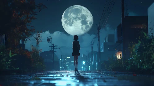 Luminous supermoon above rain-slicked suburban avenue at night.