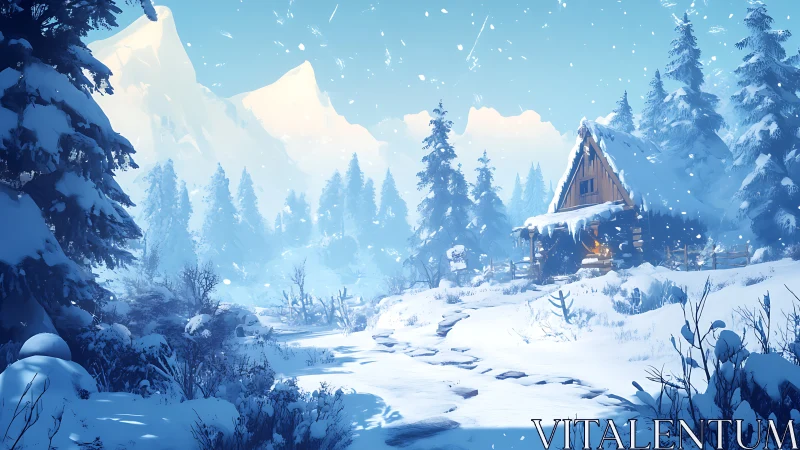 Snow covered cabin amid dense winter forest landscape.