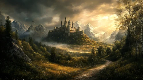 Golden mountain castle at the end of a winding path.