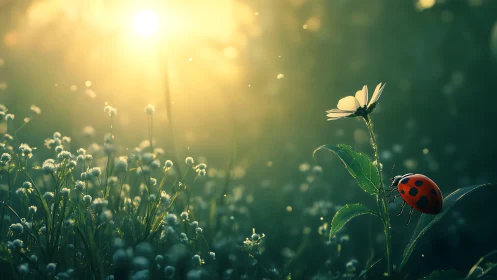 Sunlit meadow whispers with a ladybug’s quiet pilgrimage.