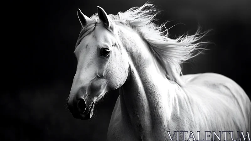 Monochrome side profile of light-colored horse in motion.