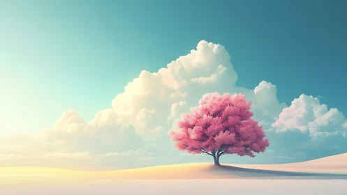 Surreal pink tree in pastel landscape with dreamy clouds, digital art.