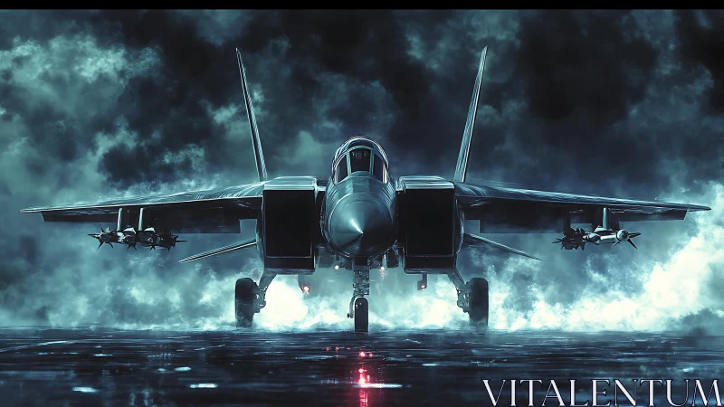 Twin-engine fighter jet aligns on wet runway in low light