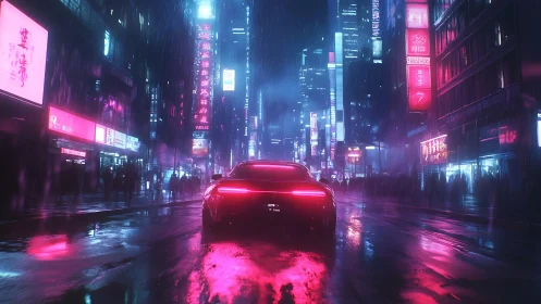 Futuristic sports car drives through neon city street at night
