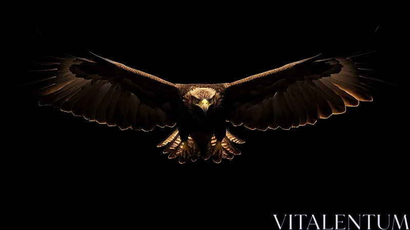 Majestic eagle in dramatic lighting with wings spread wide, dark style.