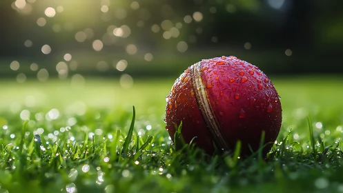 Macro optical study of wet cricket ball on dewy turf field.
