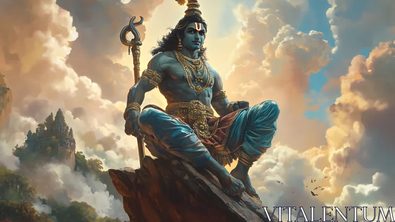 Mythic blue deity poised on aerated cliff amid luminous clouds.
