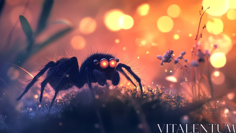 Glowing-eyed spider explores a dreamy bokeh forestscape.