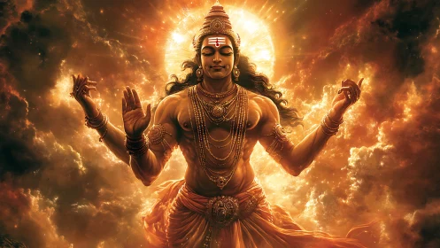 Divine multi-armed deity in radiant golden cosmic clouds.
