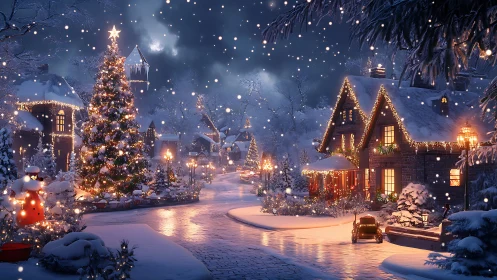 Snowy village street glows under festive Christmas lights.