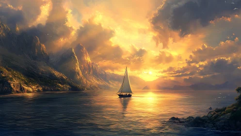 Lone sailboat crossing sunlit fjord at blazing sunset.