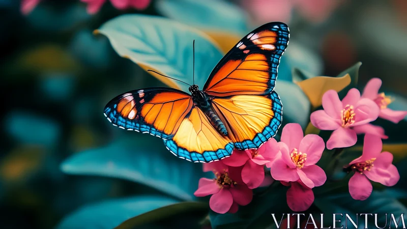 Orange butterfly rests on pink flowers with teal foliage