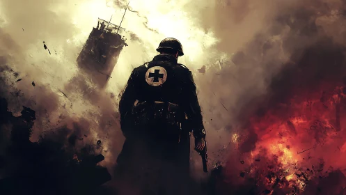 Combat medic strides through firelit ruin and shattering smoke.