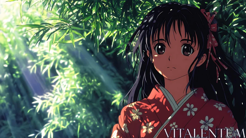 Kimono-clad girl stands in dappled forest light at dusk.