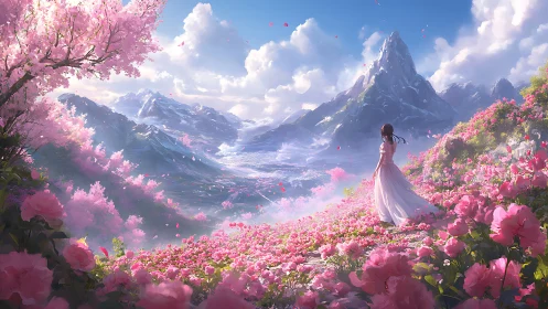 Dreamlike valley of cherry blossoms and distant peaks.