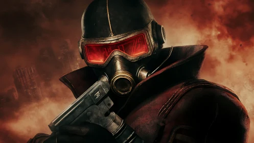 Armored wasteland ranger stands ready in burning red haze