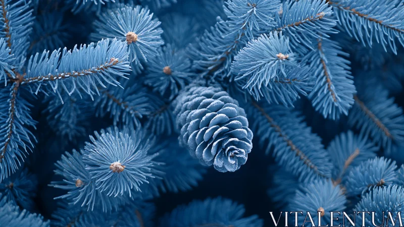Frosted pine cone in monochromatic blue conifer macro study