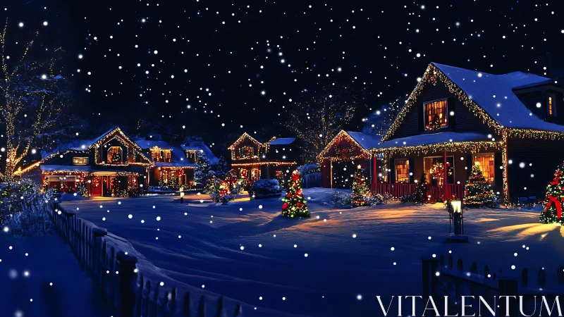 Snowlit suburb hums softly beneath twinkling holiday lights