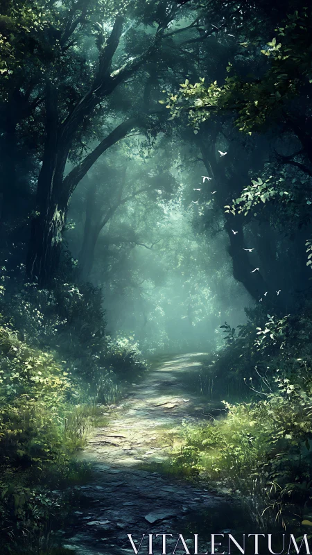 Sunlit Forest Path Through Misty Woods.