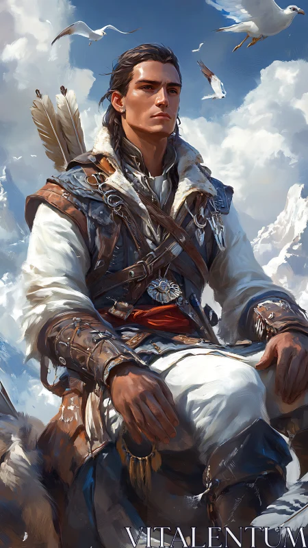 Sky-borne ranger in winter leathers beneath circling gulls.