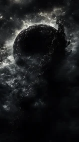 Dark celestial sphere with trailing shadowed debris in space.