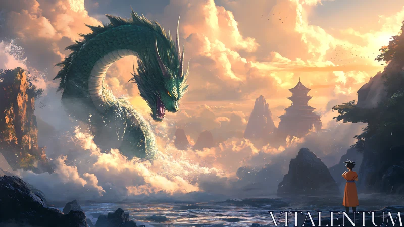 Majestic sea dragon meets a lone hero at sunrise shore.