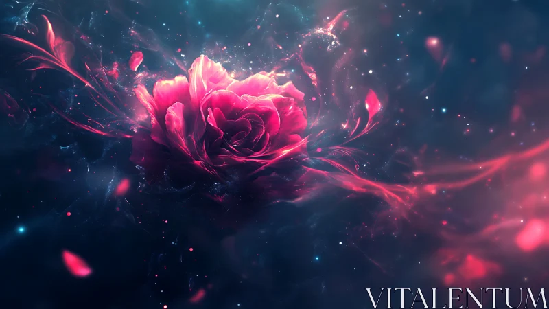 Cosmic neon rose blooming through swirling stardust glow.