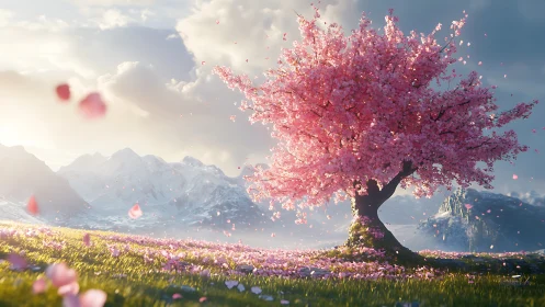 Blossom-laden dream tree whispers spring into the mountains