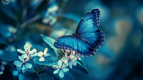 Iridescent blue butterfly rests on blossoms in shallow focus