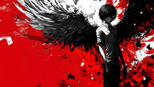 Dark-winged figure stands before high-contrast red backdrop